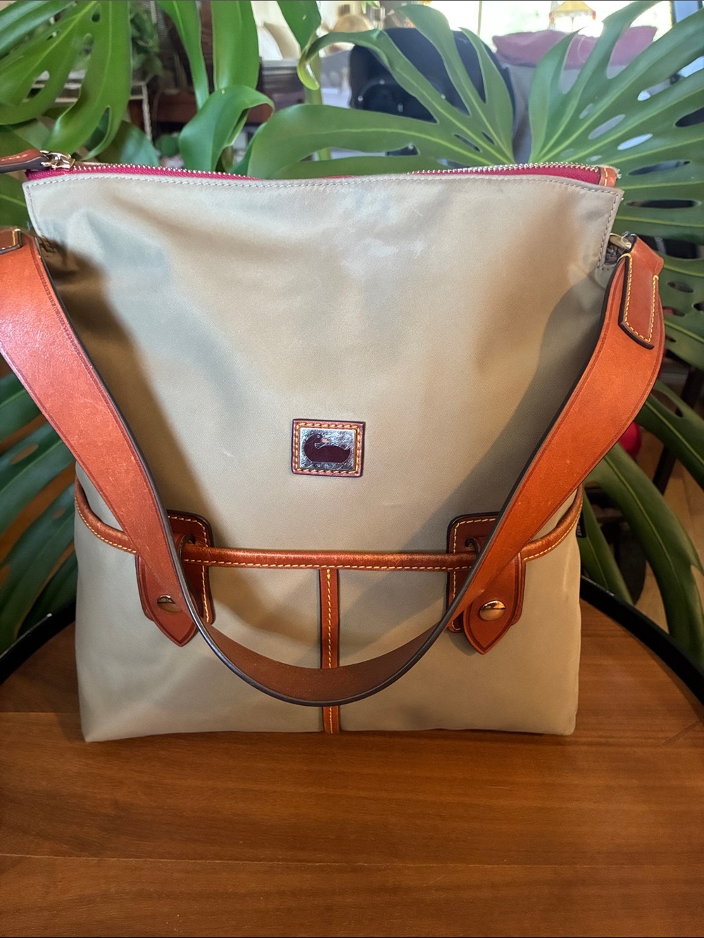 Dooney & Bourke Tan  Satchel Nylon⁹ Hobo Bag with Brown Leather Trim